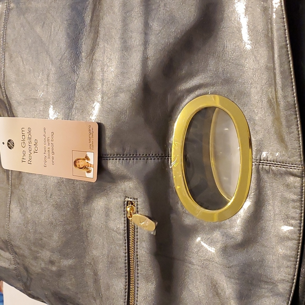 Joy Mangano designed 2 way tote, Metallic Gray Faux Leather/Pewter Gray inside.